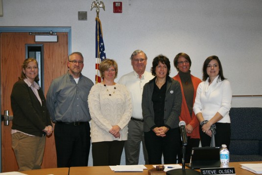 File photo of the Chelsea School Board. From left, Laurel McDevitt, Jon Bentley, Laura Bush, Steve Olsen, Sally DeVol, Anne Mann and Tammy Lehman.
