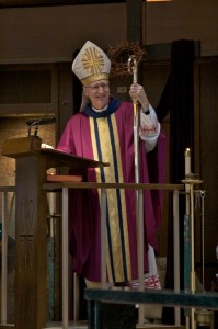 Photo by Kelly Flaherty. Bishop Boyea stands behind the lectern following the opening procession.
