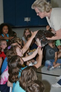 First-graders pet one of Linda Reilly's adult birds.