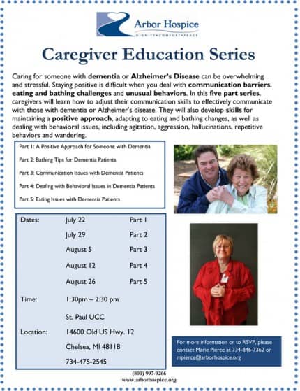A reminder about the Arbor Hospice St Paul UCC upcoming caregiver