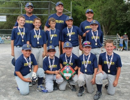 Courtesy photo. Members of the 2013 Chelsea U10 Boys Travel Baseball Team from the Chelsea Summer Showdown Tournament are: (front row L-R) Brendan Westcott, Jacob Schultz, Joe Taylor, Hunter Ferry, Dylan Dollinger. (Middle row from left) Ryan Bareis, Chase Kemp, Tyler Valik, Jace Mullins, Jacob Parker (Back Row) Coach Dave Schultz, Coach Mark Bareis, Coach Ryan Valik. Also on the team, but not pictured, is Griffen Murphy and Jordan Fansler.