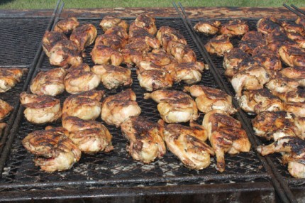 Throughout the day about 600 chicken halves were cooked.
