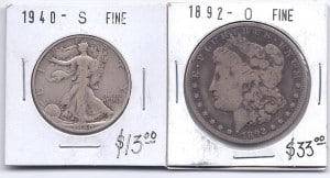 Courtesy photo. Coins that were dropped during the theft at the Chelsea Antique mall. On left Walking Liberty half dollar, on right, Morgan silver dollar.