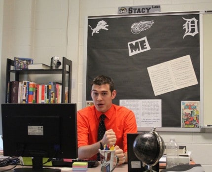 Alex Stacy at his desk at Beach Elementary School.