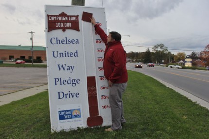 Ed Greenleaf, honorary chairman of the Chelsea United Way fundraising campaign, adds another block to the thermometer.