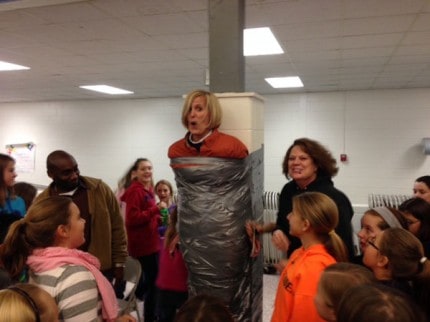 Sarah Bunten was the next teacher duct taped for the fundraiser.