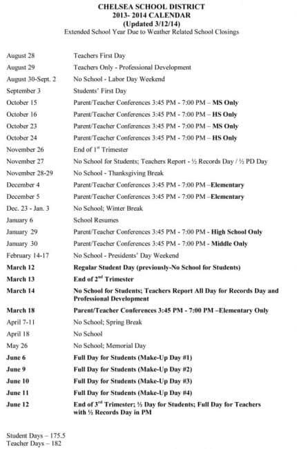 Here's the latest Chelsea School District calendar - Chelsea Update ...