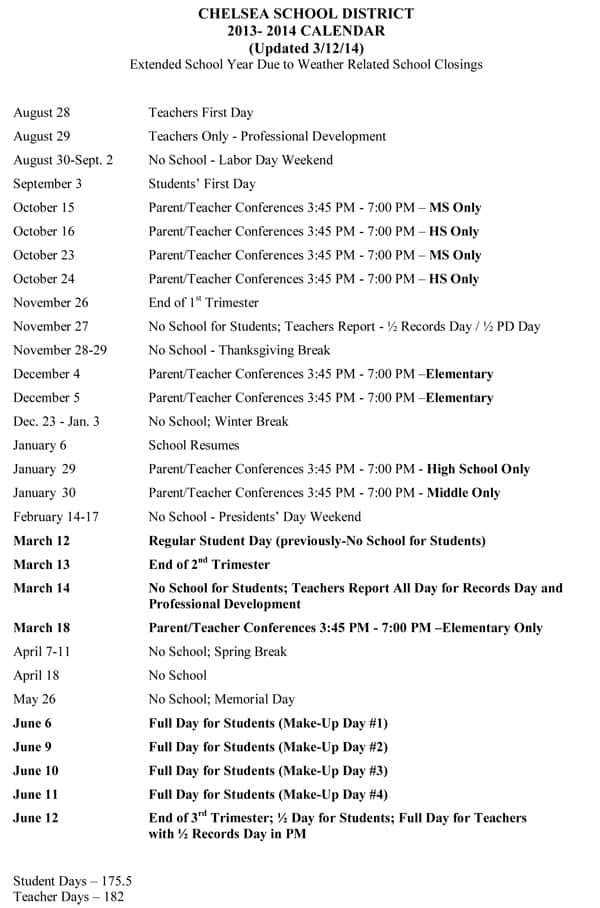 Here's the latest Chelsea School District calendar - Chelsea Update:  Chelsea, Michigan, News