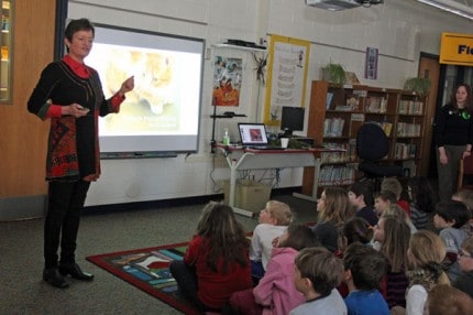 Children's author Sue Stauffacher talks to second-graders at North Creek Wednesday.