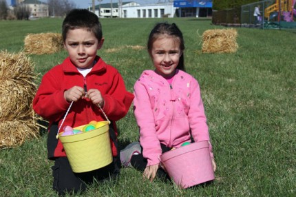 Pails filled with Easter eggs on the lawn behind Our Savior Lutheran Church.