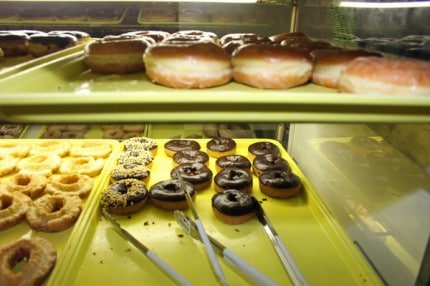 A few of the many choices of donuts at Chelsea Bakery.