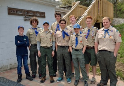 Photo by Chuck Reed. Eagle Scout Tyler xx with fellow scouts outside the American Legion Post 31. 