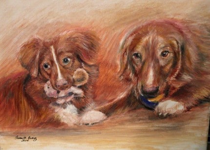 Here's a close-up. Sue Craig perfectly captured both dog's expressions. Impish Buzz and sweet Ryan. 