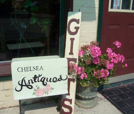 Photo by Lisa Carolin. The sign that welcomes folks to Chelsea Antiques. 