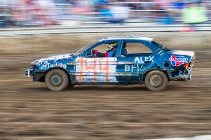 Photo by Burrill Strong. A scene from the Figure 8 Demolition Derby at the Chelsea Community Fair. 