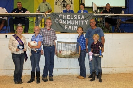 Reserve grand champion chicken pen owned by Kara O'Day and purchased by Alan Hale Trenching. 