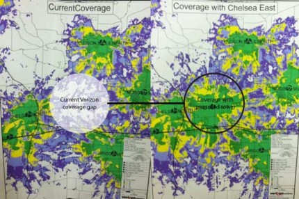 Comparison map showing current gap in Verizon coverage (left) and coverage with proposed new cell tower (right).