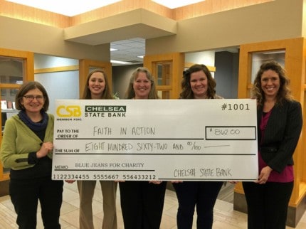 Courtesy photo. Photo From left to right Nancy Paul, executive director of Faith in Action, Kellie Steele, Nancy Zyburt, Emily Schaible and Dawn Kalusha from Chelsea State Bank. 