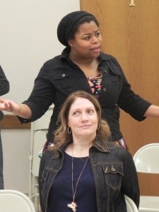 Courtesy photo: Kirsten Crockett (standing) and Leigh-Anne Beauchamp (seated) rehearse for the upcoming Chelsea Area Player's production Let's Murder Marsha.