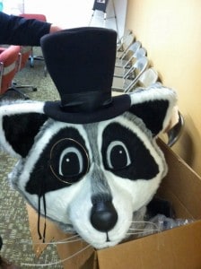 Close-up of Reggie the Recycling Racoon's head.