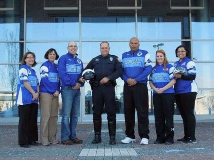 Local law enforcement officers who will take part in the May Unity Tour. From left to right Margie Pillsbury (University of Michigan Police Dept), Elizabeth Cornell (Ann Arbor Police Dept), Michael Mathews (University of Michigan Police Dept), Rick Cornell (Chelsea Police Dept), Kirk Downs (Michigan Dept of Corrections), Heather Selling (Michigan Dept of Corrections), and Paula Williams (University of Michigan Police Department).