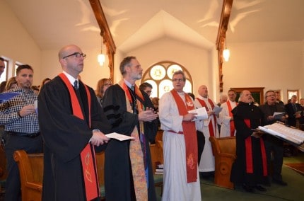 Courtesy photo. From left. Rev. Peter Rose Kamprath, Rev. James C. Coyl, St. Paul UCC, Chelsea, Rev. Dr. Campbell Lovett, the Conference Minister, Rev. Joe Jeffreys (in white robe) and additional clergy in the background.