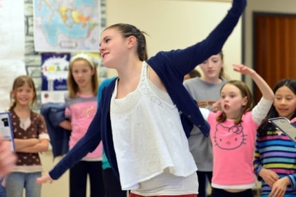 Courtesy photo. Left to right are:  Kasmira Bradley, Mya Spadafore, Katie Kuebler (practicing for her role as "The Dragon") Autumn Cole, Marah Putnam, and Ottilia Harris.