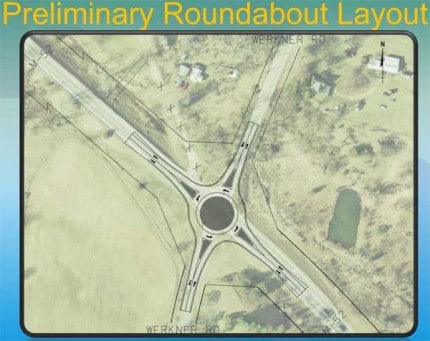 Preliminary roundabout layout for the intersection of M-52 and Werkner Road as presented in an MDOT presentation.