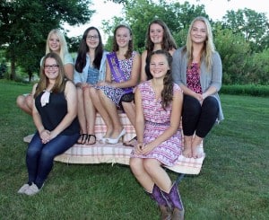 The 2015 fair queen candidates pose for a photo before a special teaIn the back from left to right is Alissa Trinkle, Emma Young, current Queen Amy Gilbert, Taylor Luckhardt, Kelsey Olberg. In the front row is Hanna Brodeur and Kylie Kuebler. held in their honor earlier this week. 