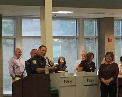 Courtesy photo. Chelsea Police Chief Ed Toth speaks to Chelsea District staff. 