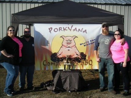 Photo by Heidi Pruitt. The Ovid-based team Porkvana took home the grand champion trophy at the first Smoke and Ale BBQ contest. Porkvana consists of Chad and Nichole Funnell, left, and Mike and Shelda Griffen. 