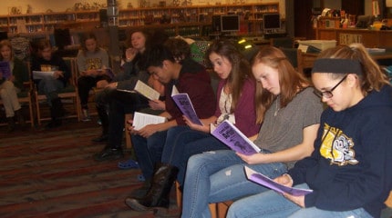 Photo by Lisa Carolin. Members of the Beach Middle School Drama Club read lines.