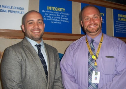 Photo by Lisa Carolin. New Beach Middle School Assistant Principal Matt Ceo and Principal Nick Angel at Beach Middle School recently.