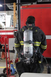 A look at the new air tank on firefighter James Gaken.