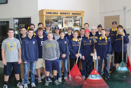 Courtesy photo. Chelsea High School hockey team assisted in a volunteer leaf raking opportunity recently.
