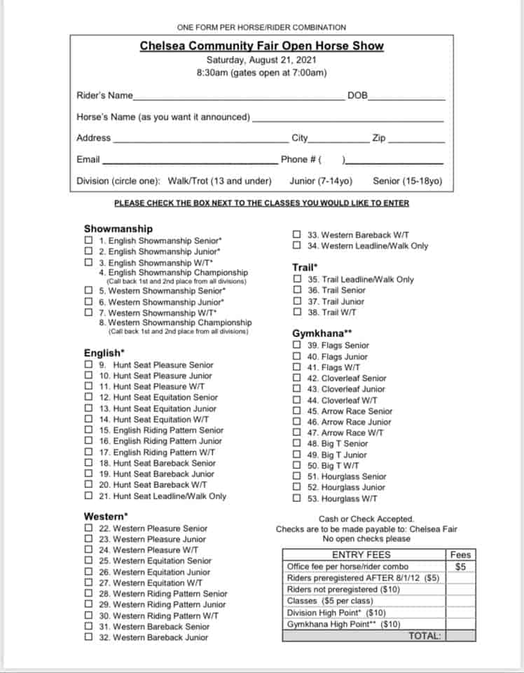 Chelsea Community Fair Horse Show Entry Form Chelsea Update Chelsea